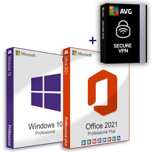 Microsoft Windows 10 Pro (OEM) + Office 2021 Professional Plus (Aktivácia online) + AVG Secure VPN (5 zariadení / 1 rok) Small Business Pack